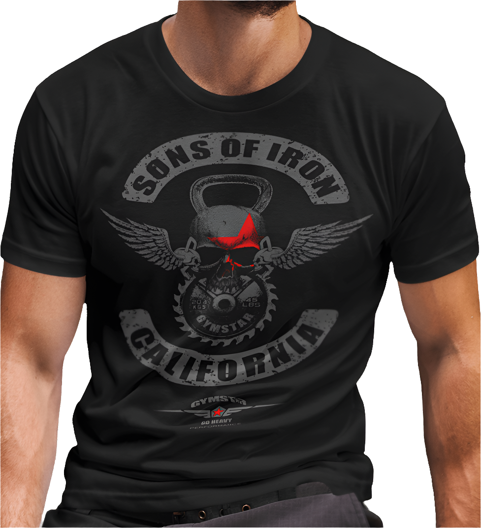 A man wearing black Gymstar t-shirt with a graphic print Sons of Iron and a barbell and skull in the center, designed for fitness and sports. Front close up view.