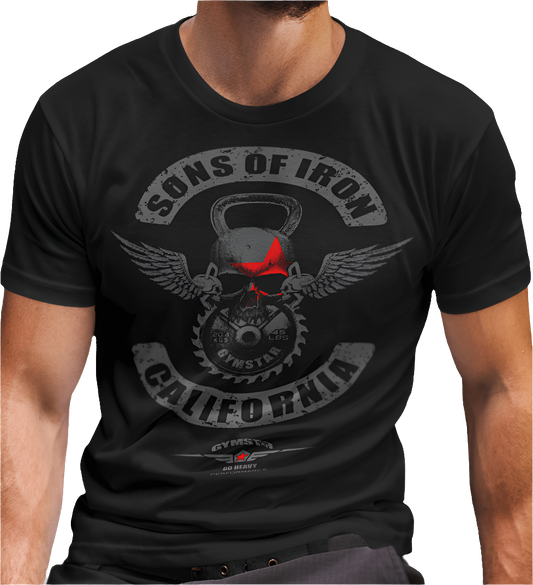 A man wearing black Gymstar t-shirt with a graphic print Sons of Iron and a barbell and skull in the center, designed for fitness and sports. Front close up view.