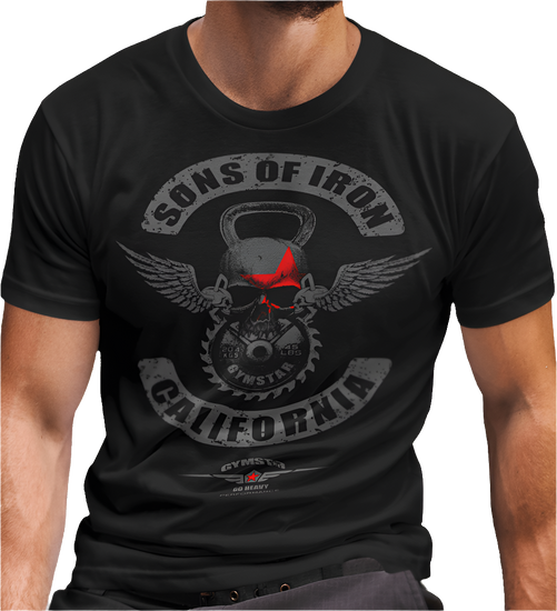 A man wearing black Gymstar t-shirt with a graphic print Sons of Iron and a barbell and skull in the center, designed for fitness and sports. Front close up view.