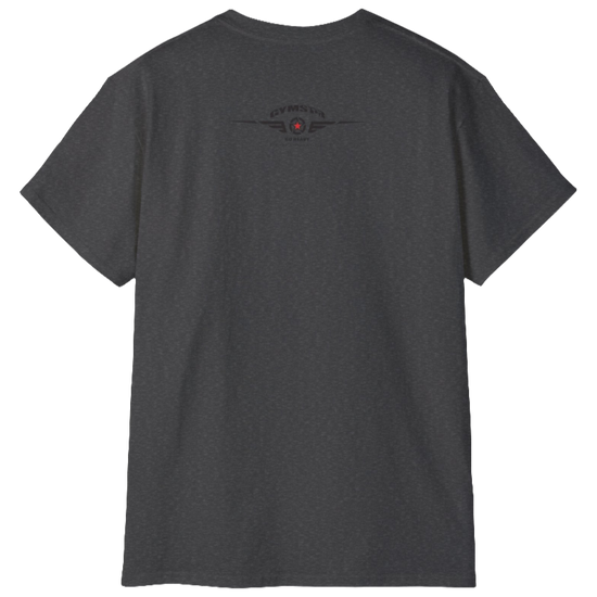 A grey Gymstar t-shirt with a graphic print Sons of Iron and a barbell and skull in the center, designed for fitness and sports. Rear view.
