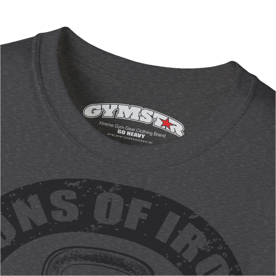 A grey Gymstar t-shirt with a graphic print Sons of Iron and a barbell and skull in the center, designed for fitness and sports. Front  logo close up view.
