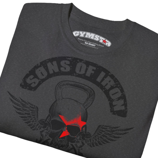 A grey Gymstar t-shirt with a graphic print Sons of Iron and a barbell and skull in the center, designed for fitness and sports. Front close up view.