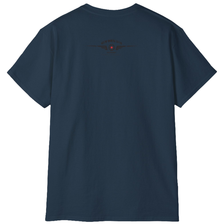 A deep navy Gymstar t-shirt with a graphic print Sons of Iron and a barbell and skull in the center, designed for fitness and sports. Rear view.