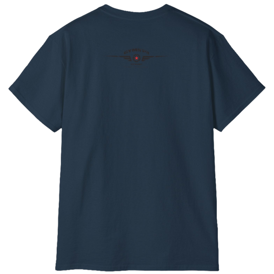 A deep navy Gymstar t-shirt with a graphic print Sons of Iron and a barbell and skull in the center, designed for fitness and sports. Rear view.