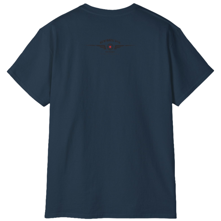 A deep navy Gymstar t-shirt with a graphic print Sons of Iron and a barbell and skull in the center, designed for fitness and sports. Rear view.