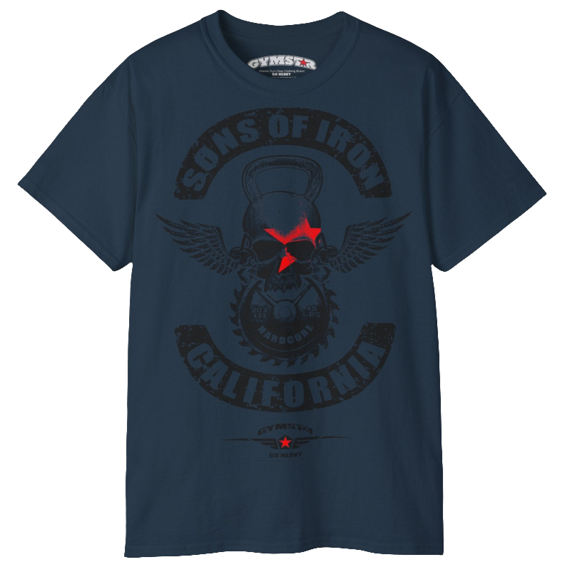 A deep navy Gymstar t-shirt with a graphic print Sons of Iron and a barbell and skull in the center, designed for fitness and sports. Front  close up view.