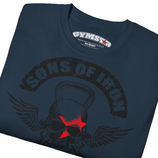 A deep navy Gymstar t-shirt with a graphic print Sons of Iron and a barbell and skull in the center, designed for fitness and sports. Front  close up view.
