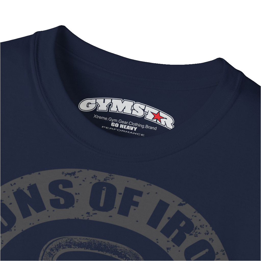 A navy blue Gymstar t-shirt with a graphic print Sons of Iron and a barbell and skull in the center, designed for fitness and sports. Front  logo close up view.