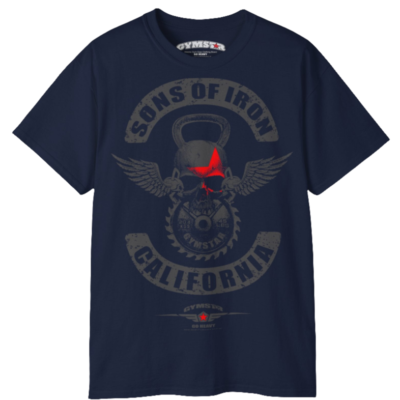 A deep navy Gymstar t-shirt with a graphic print Sons of Iron and a barbell and skull in the center, designed for fitness and sports. Front  close up view.