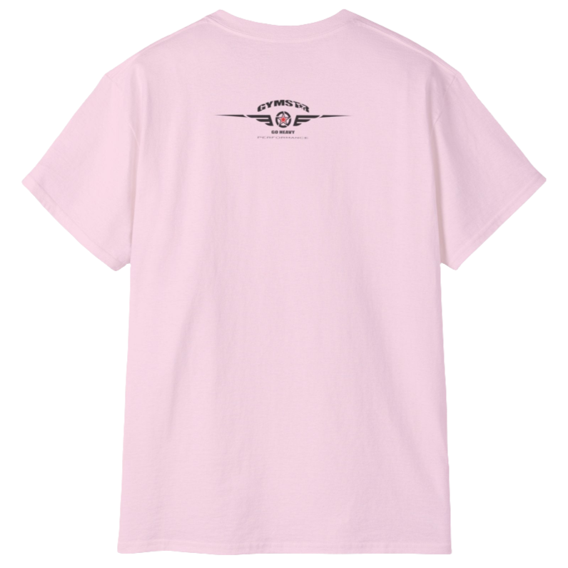 A pink Gymstar t-shirt with a graphic print Sons of Iron and a barbell and skull in the center, designed for fitness and sports. Rear view.