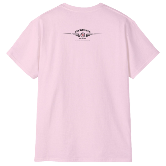A pink Gymstar t-shirt with a graphic print Sons of Iron and a barbell and skull in the center, designed for fitness and sports. Rear view.