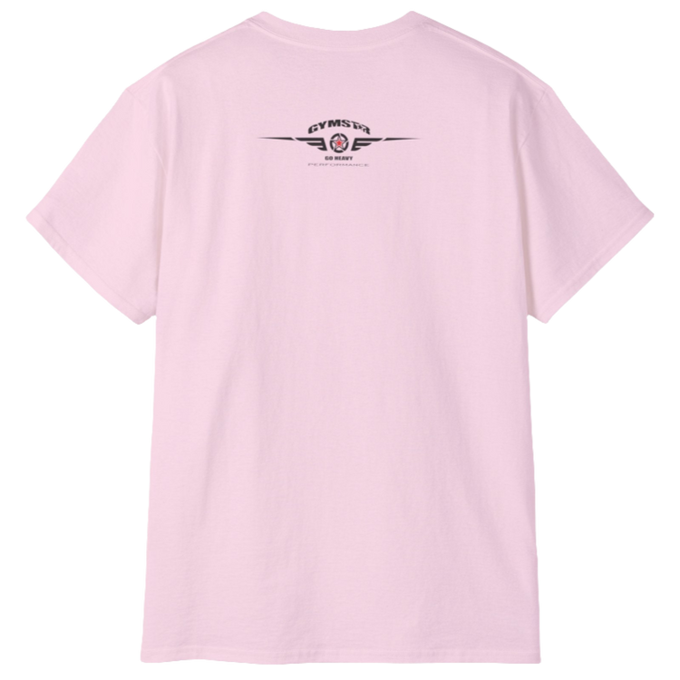 A pink Gymstar t-shirt with a graphic print Sons of Iron and a barbell and skull in the center, designed for fitness and sports. Rear view.
