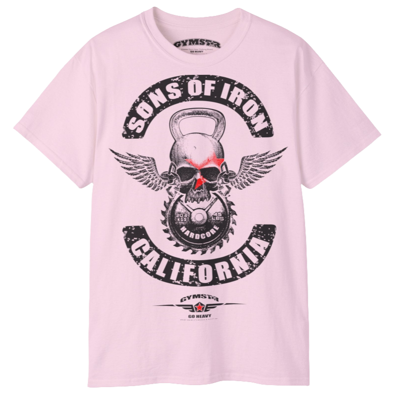 A pink Gymstar t-shirt with a graphic print Sons of Iron and a barbell and skull in the center, designed for fitness and sports. Front  logo close up view.