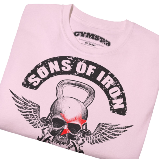A pink Gymstar t-shirt with a graphic print Sons of Iron and a barbell and skull in the center, designed for fitness and sports. Front  close up view.