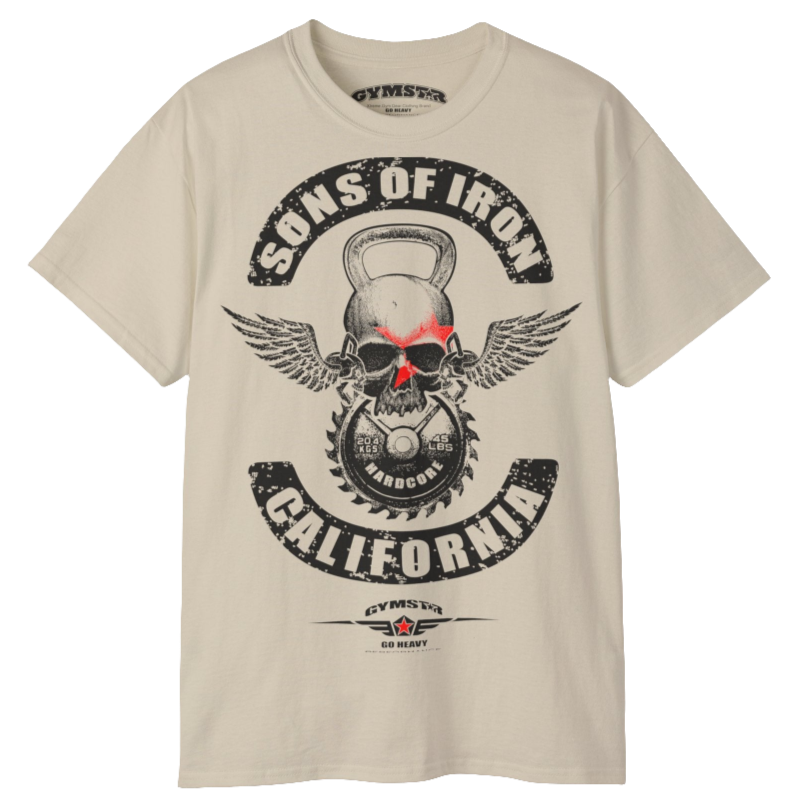 A beige Gymstar t-shirt with a graphic print Sons of Iron and a barbell and skull in the center, designed for fitness and sports. Front close up view.