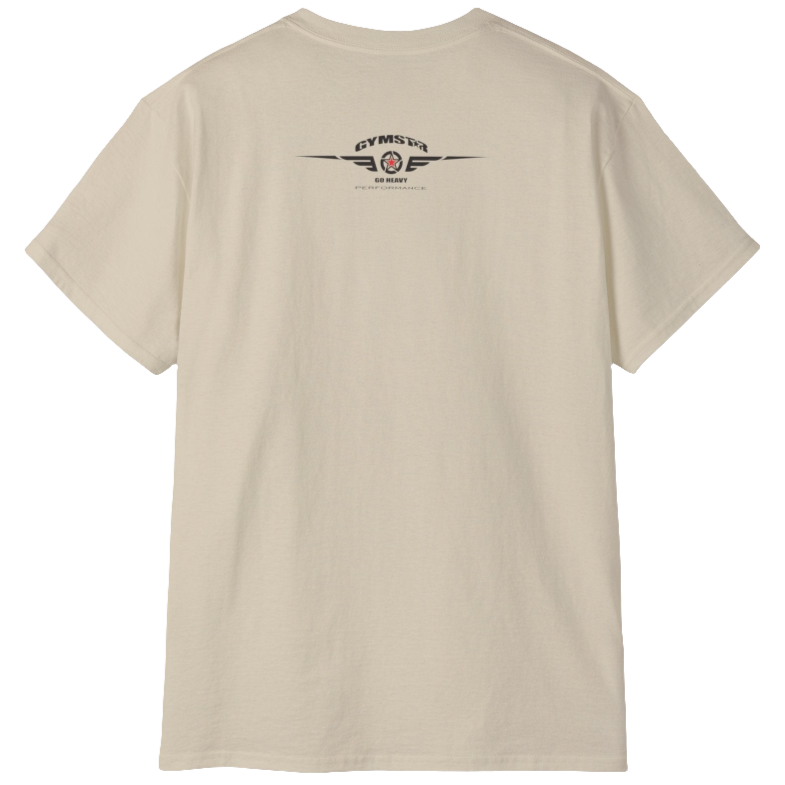 A beige Gymstar t-shirt with a graphic print Sons of Iron and a barbell and skull in the center, designed for fitness and sports. Rear view.