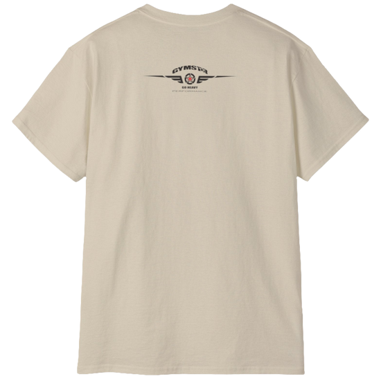 A beige Gymstar t-shirt with a graphic print Sons of Iron and a barbell and skull in the center, designed for fitness and sports. Rear view.