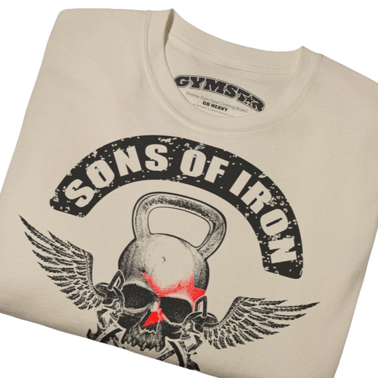 A beige Gymstar t-shirt with a graphic print Sons of Iron and a barbell and skull in the center, designed for fitness and sports. Front close up view.