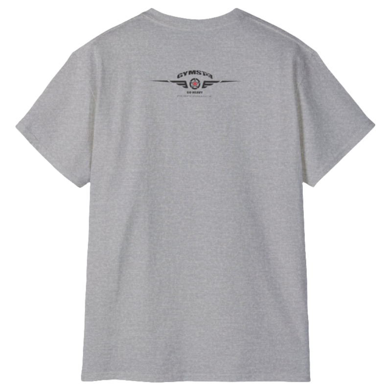 A silver grey Gymstar t-shirt with a graphic print Sons of Iron and a barbell and skull in the center, designed for fitness and sports. Rear view.