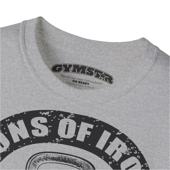 A silver grey Gymstar t-shirt with a graphic print Sons of Iron and a barbell and skull in the center, designed for fitness and sports. Front  close up view.