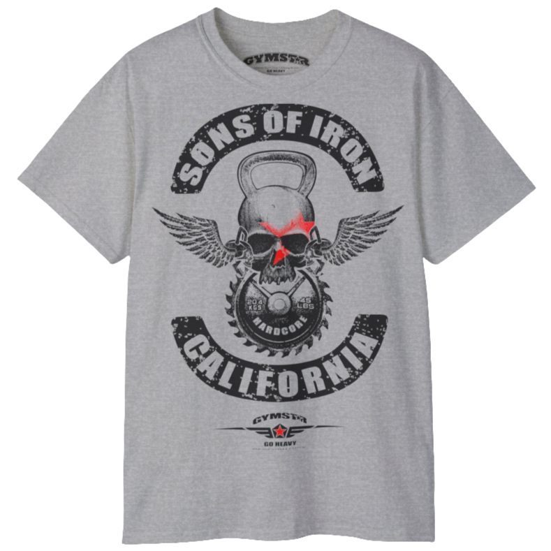 A silver grey Gymstar t-shirt with a graphic print Sons of Iron and a barbell and skull in the center, designed for fitness and sports. Front  close up view.