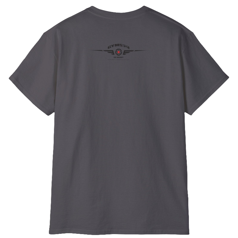 A sport grey Gymstar t-shirt with a graphic print Sons of Iron and a barbell and skull in the center, designed for fitness and sports. Rear view.