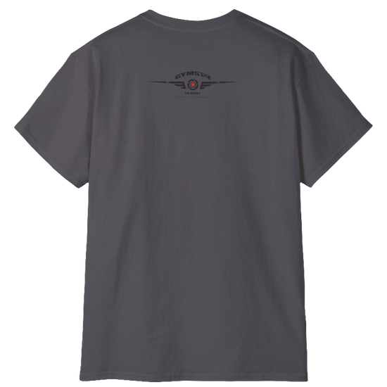 A sport grey Gymstar t-shirt with a graphic print Sons of Iron and a barbell and skull in the center, designed for fitness and sports. Rear view.