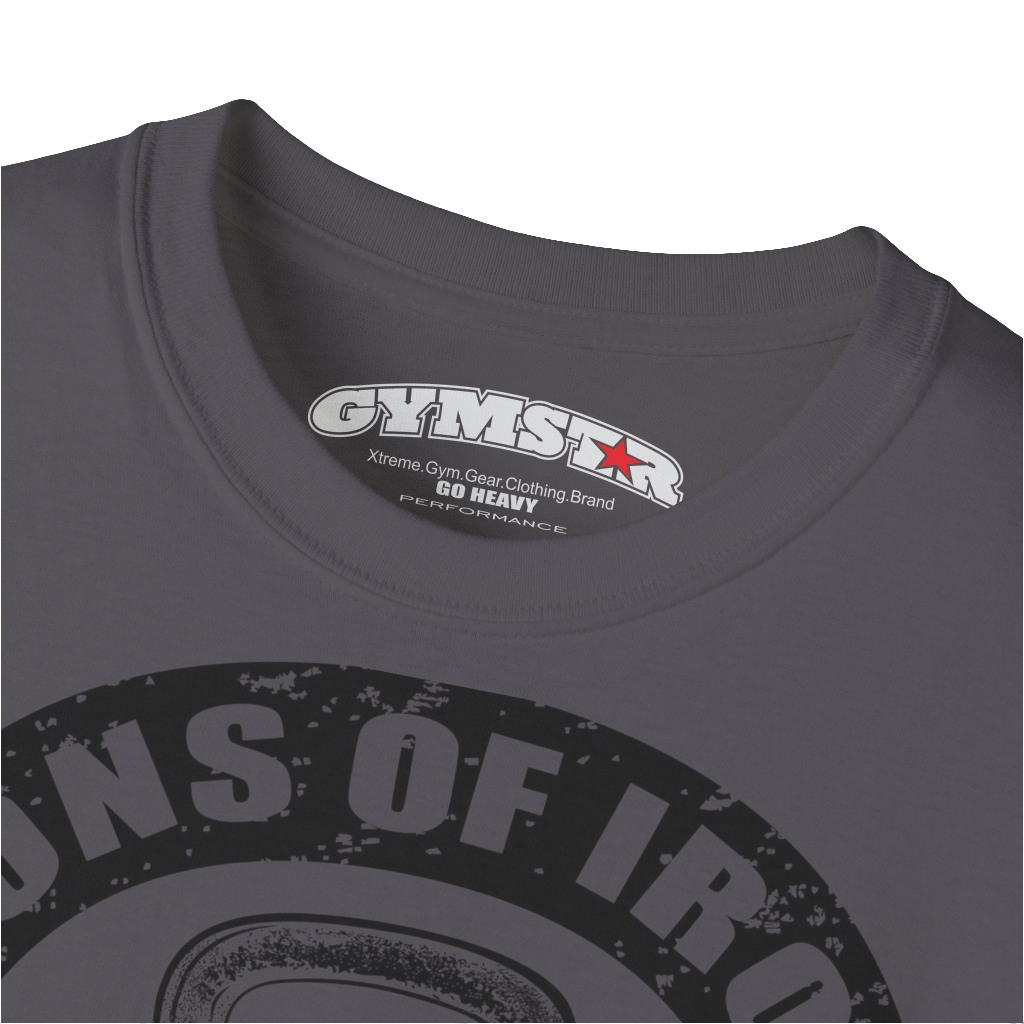 A sport grey Gymstar t-shirt with a graphic print Sons of Iron and a barbell and skull in the center, designed for fitness and sports. Front  logo close up view.