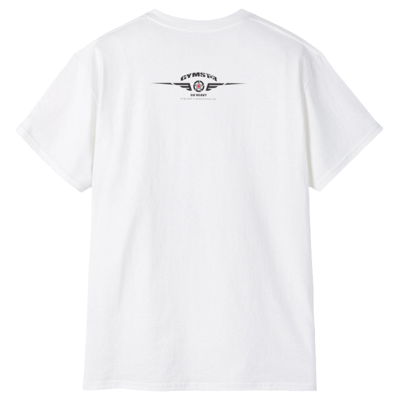 A white Gymstar t-shirt with a graphic print Sons of Iron and a barbell and skull in the center, designed for fitness and sports. Front  logo close up view.