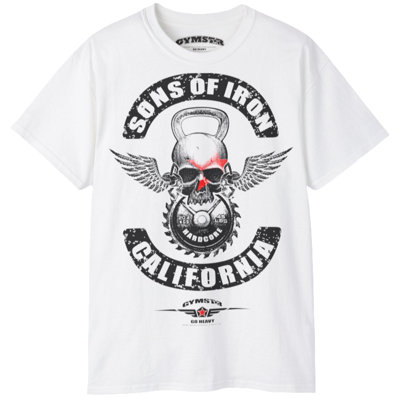 A white Gymstar t-shirt with a graphic print Sons of Iron and a barbell and skull in the center, designed for fitness and sports. Front  close up view.