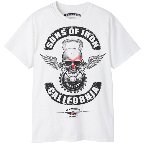 A white Gymstar t-shirt with a graphic print Sons of Iron and a barbell and skull in the center, designed for fitness and sports. Front  close up view.