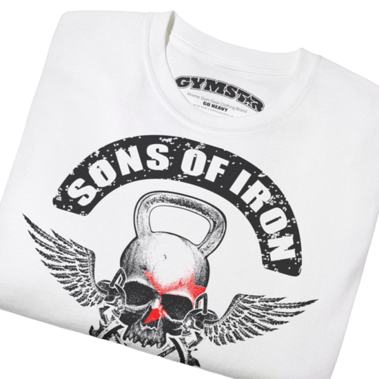 A white Gymstar t-shirt with a graphic print Sons of Iron and a barbell and skull in the center, designed for fitness and sports. Front close up view.