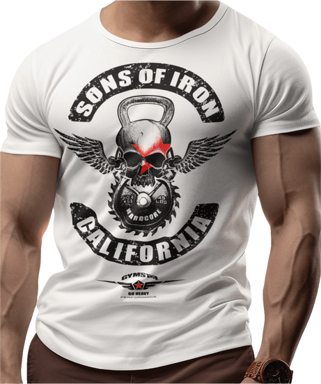 A man wearing white Gymstar t-shirt with a graphic print Sons of Iron and a barbell in the center, designed for fitness and sports. Front  close up view.