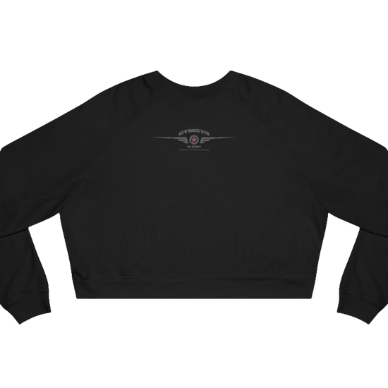 A femalle fitness model wearing a black Black Gymstar sweatshirt with logo and motivating design Best Bodies. Rear view.
