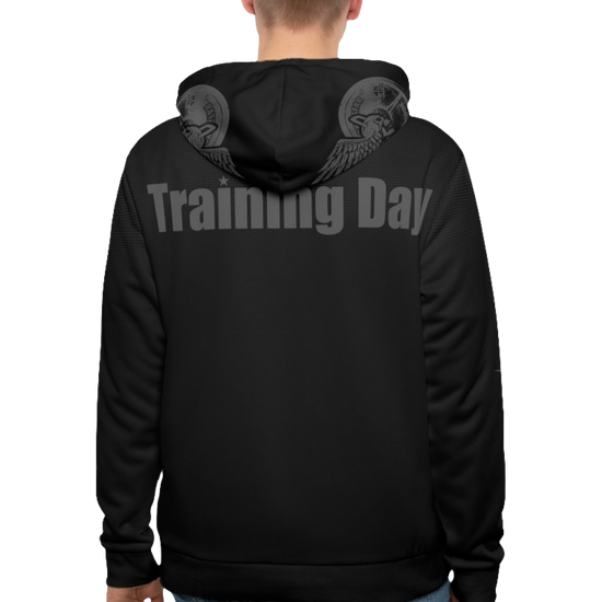 A man wearings black Gymsatr, fitness hoodie with a graphic text Training Day and a logo. Rear view.