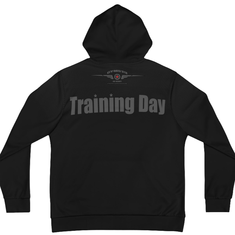 A black Gymsatr, fitness hoodie with a graphic text Training Day and a logo ,and the hoodie has a full zip closure. Rear view.