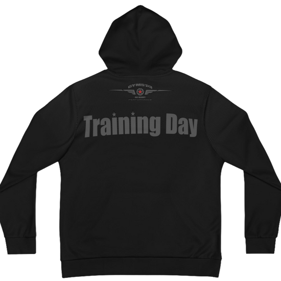 A black Gymsatr, fitness hoodie with a graphic text Training Day and a logo ,and the hoodie has a full zip closure. Rear view.