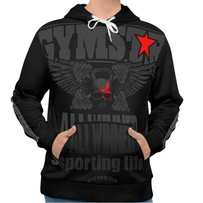 A man wearing a black hoodie with 'GYMSRTA' and related graphics printed on the front, including a star and the text 'ALL WINNERS'. He has a casual and confident expression.