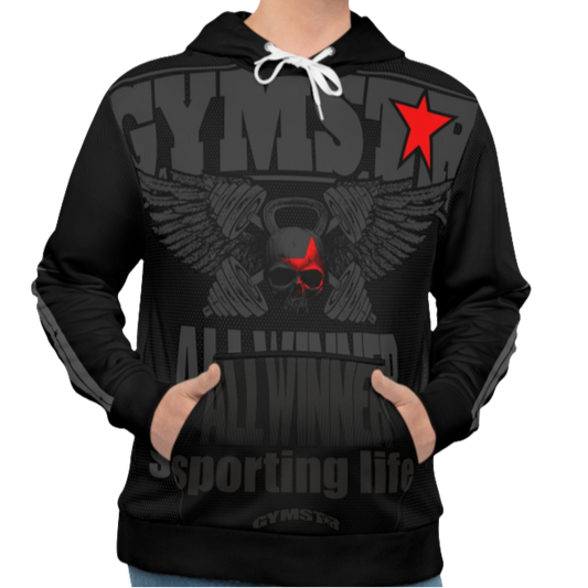 A man wearing a black hoodie with 'GYMSRTA' and related graphics printed on the front, including a star and the text 'ALL WINNERS'. He has a casual and confident expression.