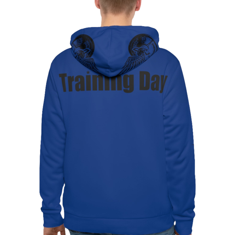A man wearings blue Gymsatr, fitness hoodie with a graphic text Training Day and a logo. Rear view.