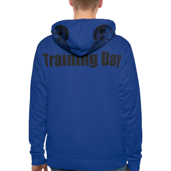 A man wearings blue Gymsatr, fitness hoodie with a graphic text Training Day and a logo. Rear view.