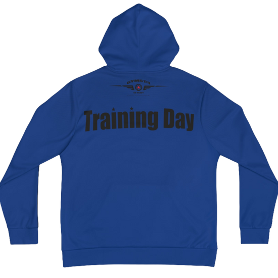 A blue Gymsatr, fitness hoodie with a graphic text Training Day and a logo. Rear view.