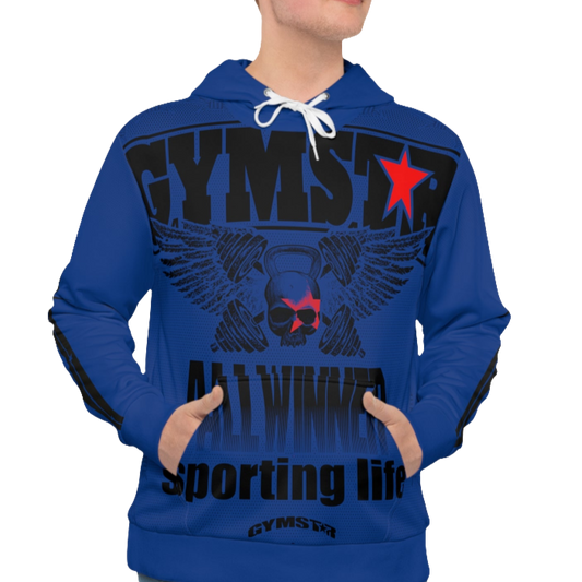 A man wearing a blue hoodie with 'GYMSRTA' and related graphics printed on the front, including a star and the text 'ALL WINNERS'. He has a casual and confident expression front view.