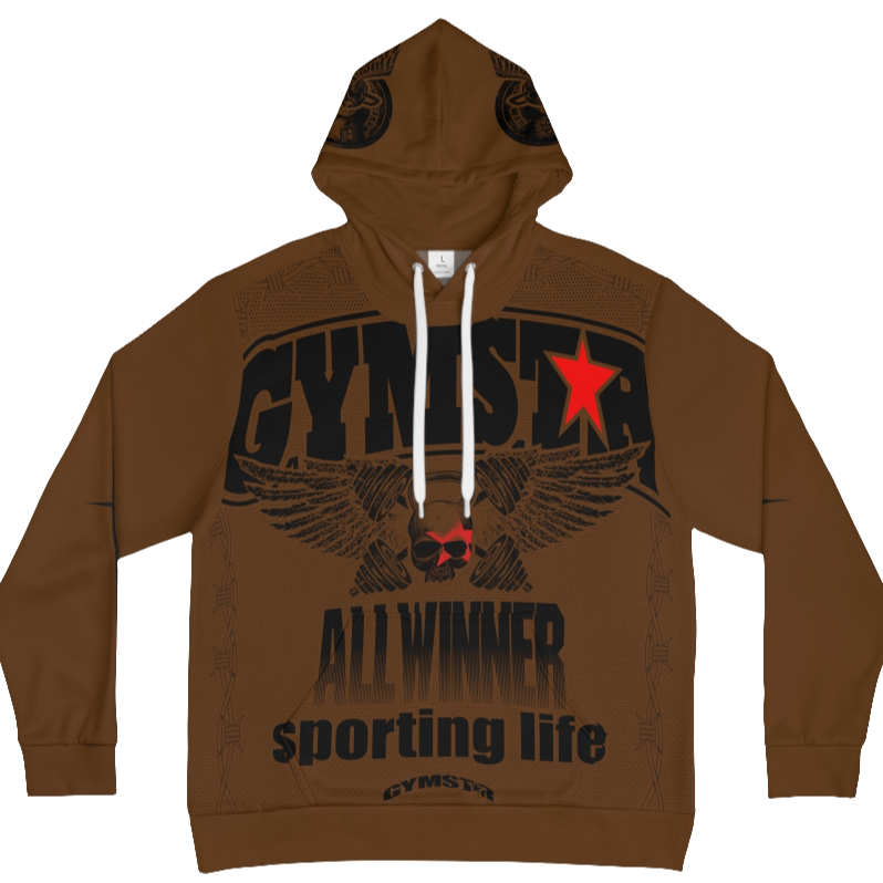 A brown hoodie with 'GYMSRTA' and related graphics printed on the front, including a star and the text 'ALL WINNERS'. He has a casual and confident expression.