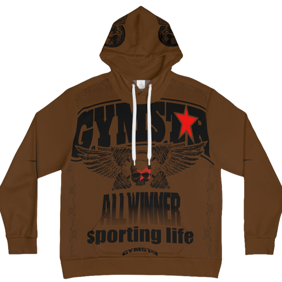 A brown hoodie with 'GYMSRTA' and related graphics printed on the front, including a star and the text 'ALL WINNERS'. He has a casual and confident expression.