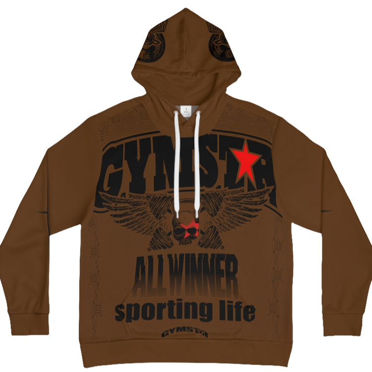 A brown hoodie with 'GYMSRTA' and related graphics printed on the front, including a star and the text 'ALL WINNERS'. He has a casual and confident expression.
