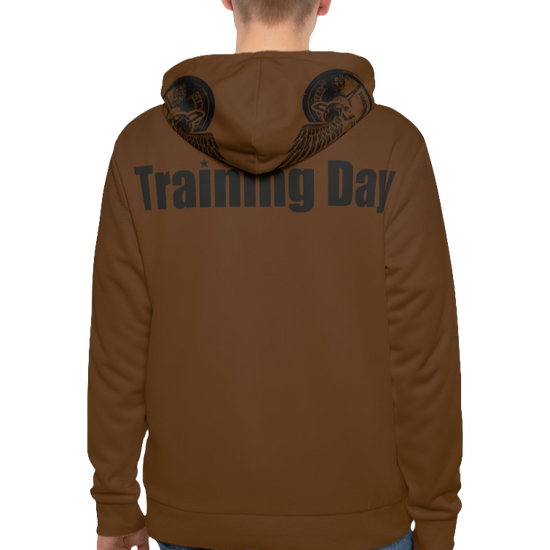 A man wearings green Gymsatr, fitness hoodie with a graphic text Training Day and a logo. Rear view.