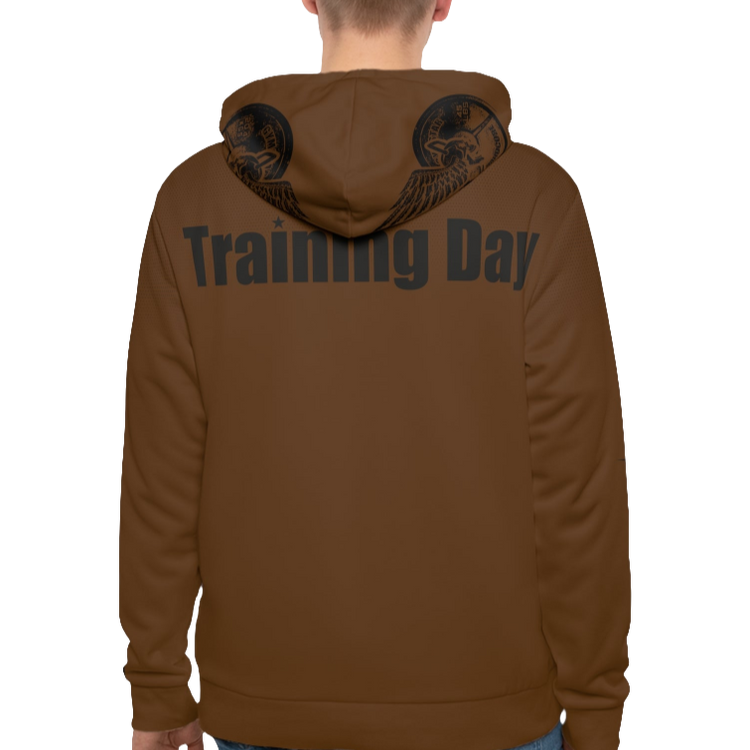 A man wearings green Gymsatr, fitness hoodie with a graphic text Training Day and a logo. Rear view.