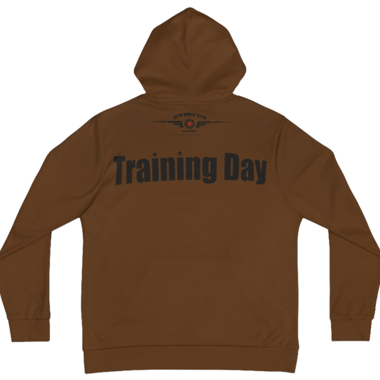 A brown Gymsatr, fitness hoodie with a graphic text Training Day and a logo ,and the hoodie has a full zip closure. Rear view.