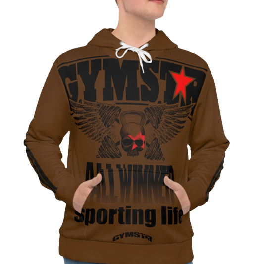 A man wearing a brown hoodie with 'GYMSRTA' and related graphics printed on the front, including a star and the text 'ALL WINNERS'. He has a casual and confident expression.